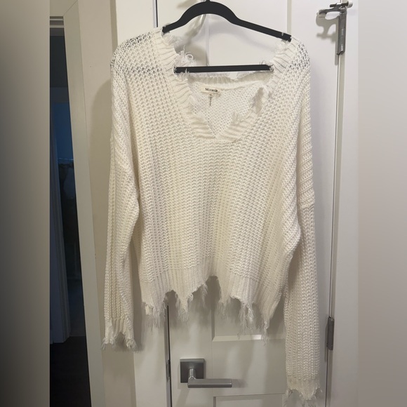 Miracle Women's White Distressed V-Neck Sweater - Picture 1 of 7